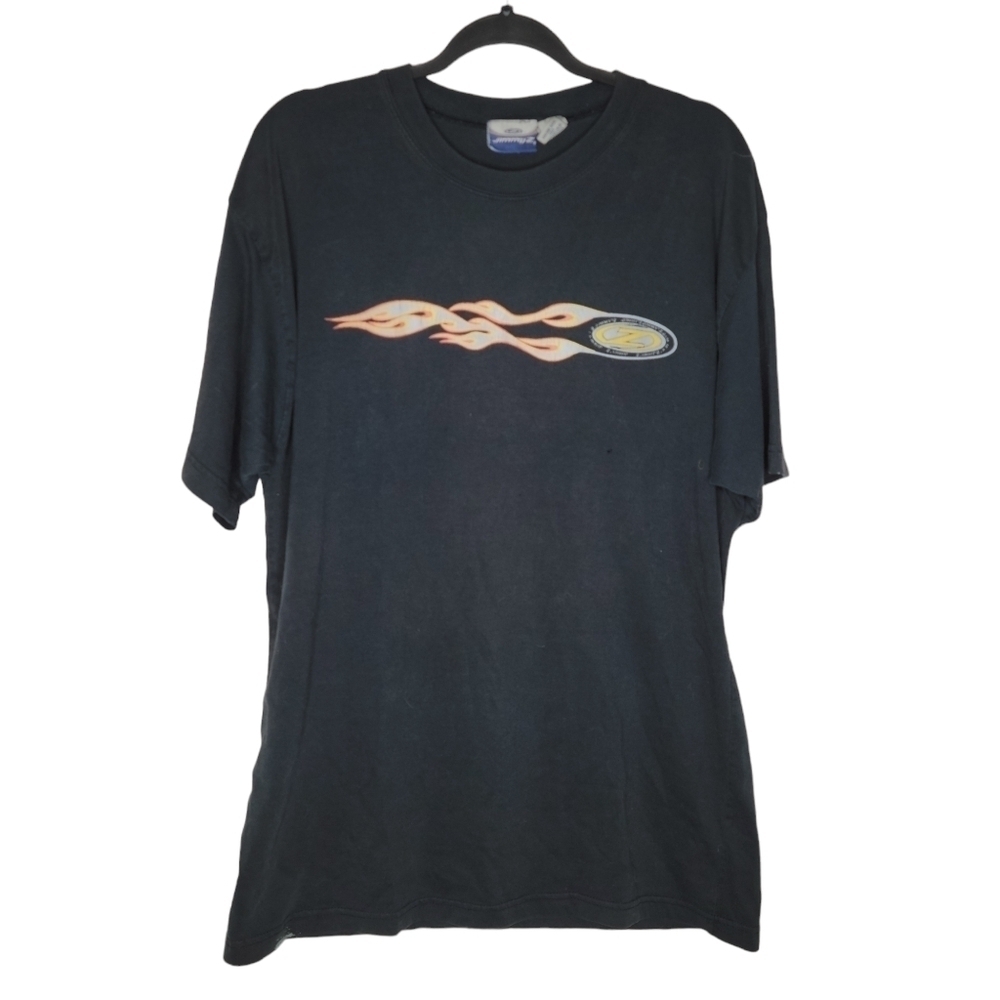 Vintage 90s Jimmy Z Surf Skateboard Flames Logo T-Shirt in Black Size Large